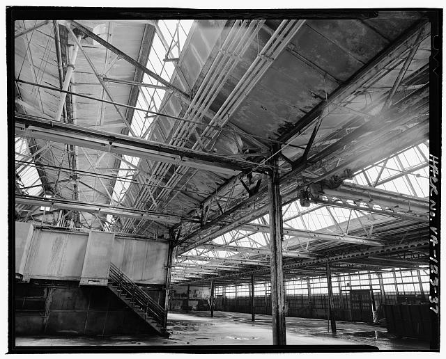 Ford Alexandria Plant INTERIOR, SERVICE BUILDING, DETAIL VIEW LOOKING UP FROM WEST AT TRUSSES AND PIER CONNECTIONS IN CENTRAL AND SOUTH BAYS
