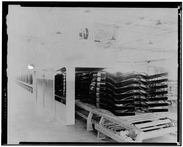 Ford Long Beach Assembly Plant Apr 1, 1932, INTERIOR-ASSEMBLY BUILDING, CONVEYOR LINE WITH CAR CHASSIS 