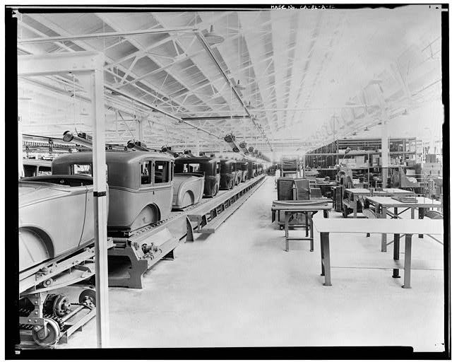 Ford Long Beach Assembly Plant Apr 13, 1930, INTERIOR-ASSEMBLY BUILDING, TRIM LINE AND GLASS DEPARTMENTS