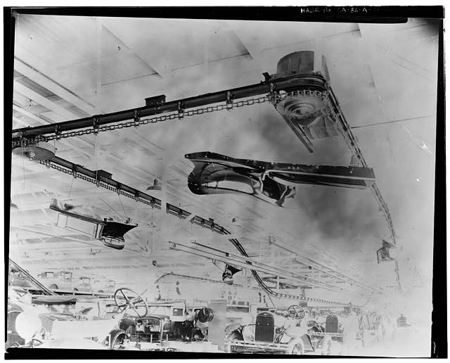 Ford Long Beach Assembly Plant Jul 9, 1931, INTERIOR-ASSEMBLY BUILDING, SHOWING PARTIALLY ASSEMBLED CARS AND FENDER CONVEYORS