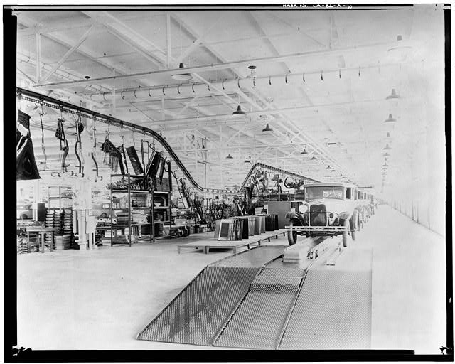 ord Long Beach Assembly Plant Apr 13, 1930, INTERIOR-ASSEMBLY BUILDING, CHASSIS LINE, LOOKING SOUTH 
