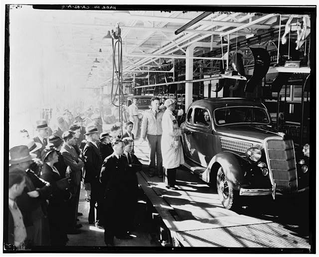 Ford Long Beach Assembly Plant Apr 24, 1936, INTERIOR-ASSEMBLY BUILDING, FINISHED CARS AT THE END OF THE ASSEMBLY LINE
