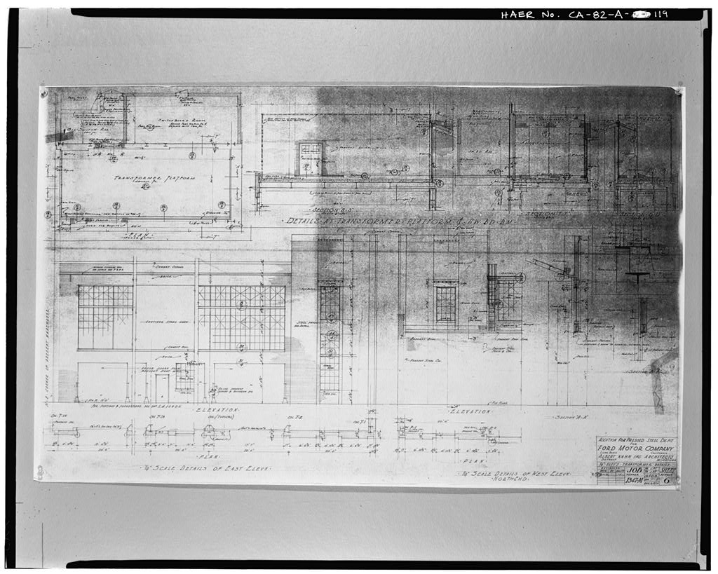 1930, ADDITION FOR PRESSED STEEL DEPARTMENT FOR FORD MOTOR COMPANY; ONE-FOURTH INCH ELEVATIONS, TRANSFORMER, DETAILS 