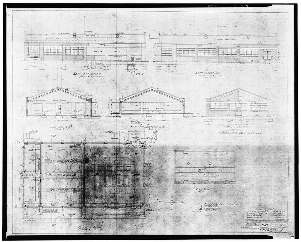 Ford Long Beach Assembly Plant 1927, OIL HOUSE, FLOOR PLAN, ELEVATIONS AND SECTIONS