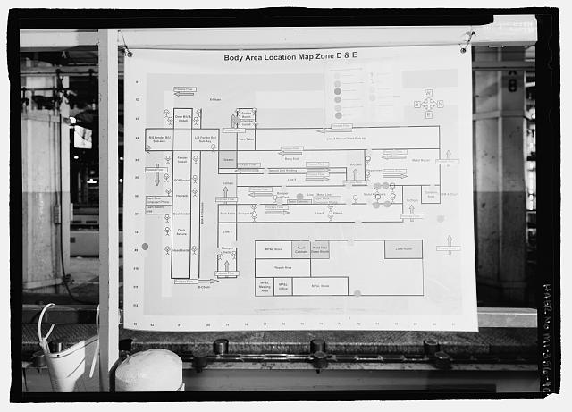 Ford River Rouge Plant B Building BODY AREA LOCATION MAP, LOOKING W, ZONES D & E, X8, COLUMN 73 ON FIRST FLOOR.