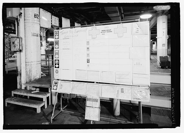Ford River Rouge Plant B Building WORK GROUP ACTIVITY BOARD, X6, COLUMN 82, LOOKING W ON NORTH END OF FIRST FLOOR. 